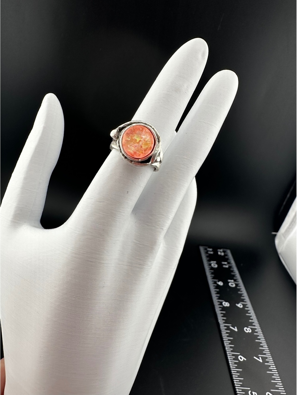 Adjustable Silver Tone Ring with Orange Marbled Stone